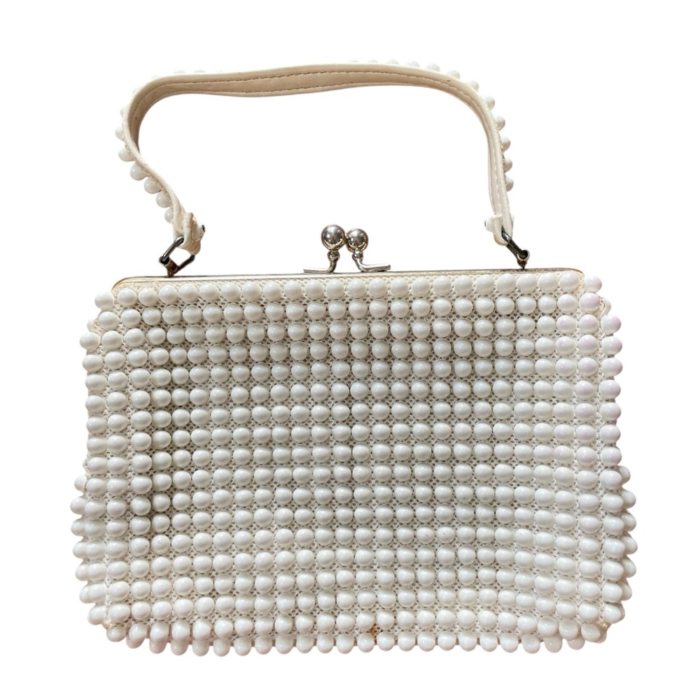 Vtg White Beaded Clutch with Textured Surface and Metal Clasp